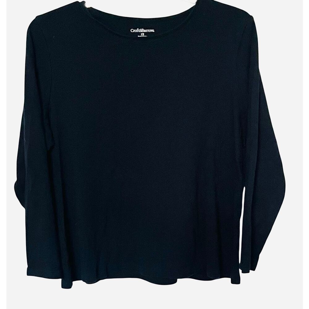 CROFT & BARROW LONG SLV PULL-OVER CREW NECK TOP/T-SHIRT, WOMENS, 1X, BLACK